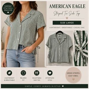 American Eagle Green Striped Tie Side Blouse | Size L | Lightweight Button Front